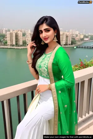 La femme était un beau modèle AI avec les cheveux verts et la peau blanche, qui avait une photo d'elle-même sur son écran d'ordinateur. Elle produisait des images pornographiques, qu'elle décrivait en détail