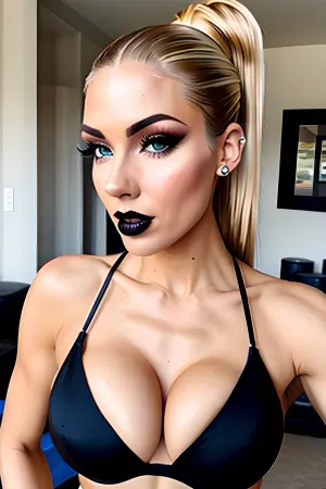 woman, 24yo nude blonde tall skinny goth fitness model, perfect round tits, DETAILED PRETTY FACE, Shy, Weak, tight shaved vagina, (ponytail hairstyle)