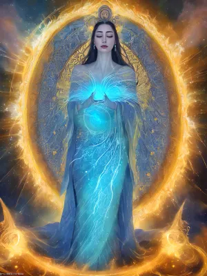 woman, high resolution, realistic, ultra quality, Majestic presence towering above, radiant aura illuminating the surroundings, regal countenance exuding power and wisdom, piercing eyes sparkling with cosmic knowledge, ageless visage adorned with symbols of divine authority, flowing robes shimmering with ethereal light, divine symbols emblazoned upon celestial attire, serene expression reflecting boundless compassion, aura of tranquility radiating inner peace, voice resonating like thunder yet soothing as a gentle breeze, commanding respect and reverence