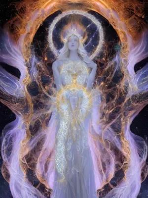 woman, high resolution, realistic, ultra quality, Towering height, standing tall like a titan among mortals, with a physique sculpted from celestial essence and divine energy, each muscle defined with godly precision, Eyes, pools of cosmic wisdom, shimmering with the depth of the universe, reflecting the stars and galaxies within, Skin, flawless and radiant, with a luminous glow that emanates pure divine energy, casting a gentle aura of serenity, Hair, flowing locks of ethereal light, cascading in waves of divine radiance, each strand infused with the essence of creation itself, Robes, garments of celestial fabric, adorned with intricate patterns of celestial bodies and symbols of divine authority, shimmering with a divine luminescence, Hands, bearing the mark of creation, capable of shaping galaxies and molding worlds with a mere touch, Voice, resonating with the power of creation, commanding the elements and bending reality to its will, yet soft and soothing like the gentle whisper of the wind, Presence, awe-inspiring and majestic, radiating an aura of boundless power and infinite wisdom, instilling reverence and adoration in all who behold