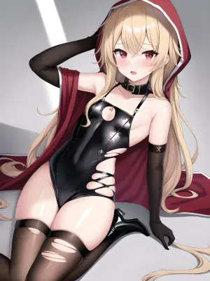 Die KI generierte eine pornografische Illustration eines schönen Mädchens mit langen Haaren, roten Kap und einteiligem Kleid. Sie hatte bang über ihre Augen und hielt einen zerrissenen roten Kap in ihren Händen. Ihre Augen waren
