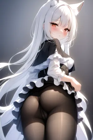(masterpiece), (Perfect illumination), Cute, innocent, pure, naive, fox girl, easynegative, white hair, lifted, by, self, <lora:LiftSkirt:.5>, black pantyhose, grabbing, own, ass, hand, on, <lora:grabbing_own_ass_v0.3:.5>