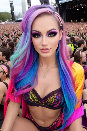 Das hohe Skinny goth Fitness-Modell mit langen schmutzigen Haaren saß auf dem Outdoor-Crowded-Musikfestival rave, tragen bunte Rave Outfit und Uprock. Sie hatte ein verschwitztes Gesicht und ihre Augen starrten die Menge an. Ihre Beine waren