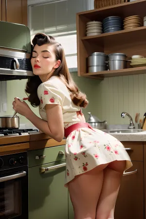 woman, 50s housewife, closed eyes, long messy hair, (perfect ass), bent over a counter in a kitchen, seductive, (messy hair), (side view), (detailed clothing), (detailed background), ((upskirt)), Ad Americana Style, vintage painted advertisement, retro 1950's style, <lora:AdAmericana:1.2>, microskirt, naked ass, visible pussy, side view