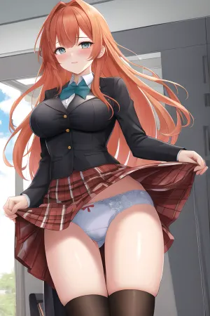 masterpiece, best quality, Ray tracing, hdr, volumetric lighting, 1girl, orange hair, wind, clothes pull, panties, pantyshot, skirt tug
