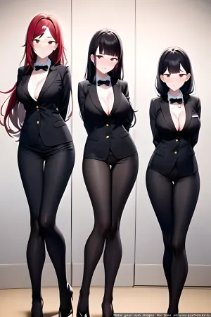 그림은 사무실에서 소녀의 그룹을 보여, 모든 블랙 blazers와 스커트에서 옷을 입었다. 한 소녀는 책상에 앉아, 그녀의 컴퓨터에 입력. 또 다른 소녀는 그녀의 어깨를보고 그녀의 뒤에 서 있었다. 세 번째 소녀가 있었다