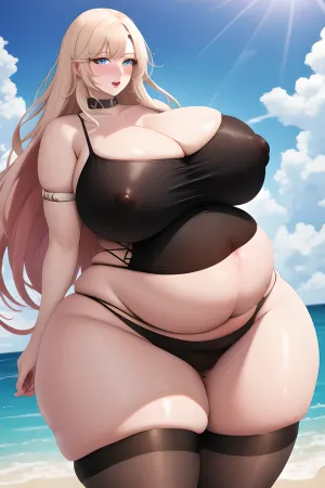 The obese woman stood in front of the mirror admiring her massive belly, despite being overweight. She had a huge pregnant belly that was larger than her boobs and moles all over her body. Despite being overweight, she still managed to stand with