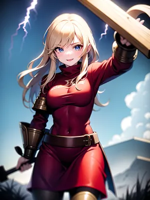 game Viking woman in clothes with an ax against a background of lightning
