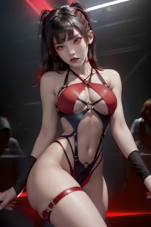 Uber realistic, full body view, perfect illumination, (best shadow), 8K, UHD, sharp image, (best illumination), (gymnast body:1.4), best quality, ultra-detailed, fine detail, highres, 8k wallpaper, masterpiece, high definition, (skinny with e itty-bitty breasts:1.4), ((photo taken inside crowded nightclub:1.5)), (((skinny e:1.5))), ((girl of 18 years old:1.5)), ((bright red eyes:1.3)), (highly detailed face, (beautiful, biting bottom lip, blushing, (slutty body thong harness))), mavis, dracula, striped, thighhighs, heavy dark makeup, <lora:hoteltransylvania_mavisdracula-10:.6>, <lora:eyeliner_v1:.7>, bodysuit, harness, b0dysu1t, <lora:b0dysu1t_v3:1>