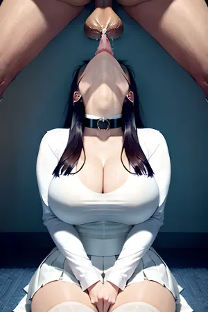 A menina com os seios enormes estava usando um gargantilha e saia plissada, ajoelhando-se na frente do menino com sua enorme camisa branca aberta para revelar seus músculos abaulamento. Eles estavam ajoelhados em frente ao menino, que tinha seu enorme