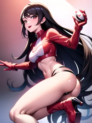 A completely original digital painting of a beautiful woman pokemon adventurer in a red jacket holding a pokeball, standing looking at the viewer in a determined way. Completely whit background. Created Using, crisp lines, animated style, forest background, sense of anticipation, bright and cheerful colors, clear skies, adventurous mood, in the art style of Ken Sugimori