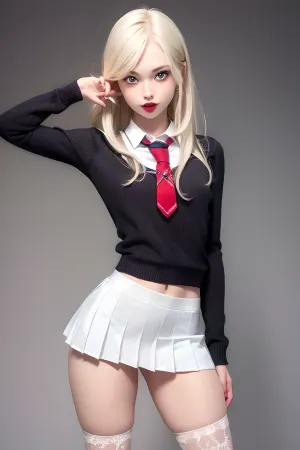 ((scandinavian young adult girl)), fair skin, very very looong looong blonde hair, ((gymnast body)), cheeky smile, ((high detailed skin)), ((skirt)), high quality, detailed skin texture, (highly detailed hair), sharp body, highly detailed body, ((skinny body)), (slim body:1.3), (school young adult girl uniform:1.5), ((slender body)), (full body on frame), visible panty on legs, (realistic), ((straight hair)), insanely detailed, highest quality, red lipstick, blue eyeshadow, makeup, junior, e, mini, stockings, gar, <lora:shirtliftALORAFor_shirtliftv1:1>