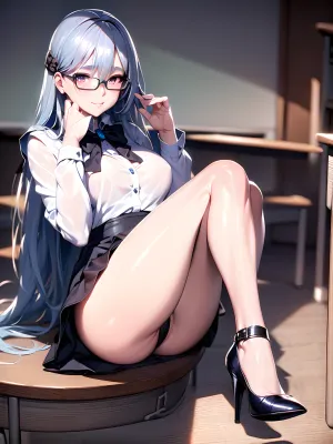 ld18, (masterpiece, best quality), (1woman), detailed face, beautiful eyes, perfect illumination, (best shadow), (realism:1.3), (blue hairs:1.4), necklace, earring, (medium breasts), (depth of field:1.2), (classroom in night:1.3), <lora:hipoly_3dcg_v7-epoch-000012:.2>, <lora:xiong:.9>, glasses, (white buttoned shirt:1.3), (black skirt:1.3), (high heels:1.2), (legs up:1.2), <lora:Mizars_-_Misc_Foot_Focus_Poses:.5>