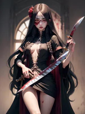 masterpiece, 18 years old goth girl, white skin, anorexia, very thin, very thin waist, best quality, ultra-detailed, finely detail, highres, highly detailed face, (highly detailed eyes:1.3), (highly detailed vagina:1.3), 8k wallpaper, (in full height:1.8), (crazy face:1.5), (blood flows down the body:1.5), (the girl is holding a large bloody knife:1.5), (long hair:1.3), (long hair hanging down in front covering the eye and half of the face:1.5)