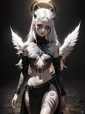 masterpiece, 18 years old young young adult girl, (white skin:1.5), anorexia, very thin, very thin waist, ultra-detailed, finely detail, highres, (highly detailed face:1.5), (highly detailed eyes:1.5), 8k wallpaper, (in full height:1.9), (glowing black tattoos:1.6), (dark angel young young adult girl:1.5), (full black eyes without whites:1.5), (black makeup:1.3), (a glowing black halo above the head:1.5), (big dark angel black wings:1.5), (divine light:1.3)