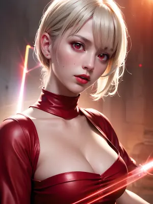 ((HDR photo:1.6)), portrait of an albino girl with red laser eyes, smoke coming out of mouth, highly detailed, concept art, leonsio, sharp focus, cinematic lighting, ((red laser eyes:1.5)), red lipstick, ((shirt open)), cleavage, shirt unbuttoned, ((realistic breasts)), perfect breasts, perfect nipples, ((realistic nipples))
