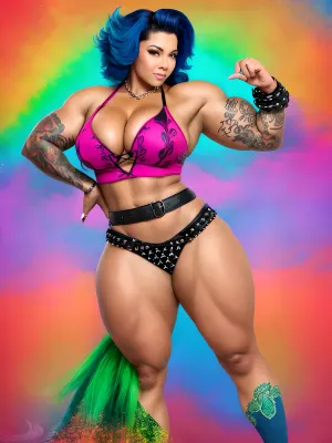 (a pinup mom, muscular disney mom, tall, very strong, thick disney mom, long hair:1.1), tattoos, (1 woman, female, full body in frame:1.1), textured skin, posing, 30 years old, beautiful, seductive, alluring, (((wearing cool punk rock clothes))), (perfect hands:1.2), hands with four fingers and one thumb, high quality, colorful, neon, hands behind head