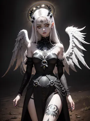 masterpiece, 18 years old goth girl, (white skin:1.5), anorexia, very thin, very thin waist, ultra-detailed, finely detail, highres, (highly detailed face:1.5), (highly detailed eyes:1.5), 8k wallpaper, (in full height:1.9), (glowing black tattoos:1.6), (dark angel young young adult girl:1.5), (full black eyes without whites:1.5), (black makeup:1.3), (a glowing black halo above the head:1.5), (big dark angel black wings:1.5), (divine light:1.3)