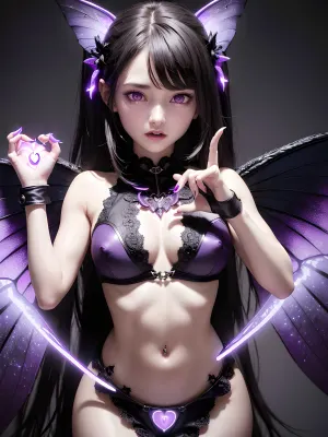 1 girl, 18 years old goth girl, 8k, best quality, highres, finely detail, high definition, high resolution, insanely detailed, intricate detail, masterpiece, sharp focus, ultra-detailed, perfect illumination, very thin, very thin waist, (slender body:1.3), (toned fit body:1.5), (slender waist:1.5), (slender legs:1.3), (perfectly formed erect nipples:1.4), (glowing purple eyes:1.5), (big detailed eyes), (dark fairy:1.4), (fairy:1.4), ((fairy black wings high on back:1.5)), ((fairy black wings on shoulders:1.5)), naked, naked vagina, show vagina, (glowing purple tattoos:1.4), (full body view:1.5), (breasts:1.5), (in the hands of a glowing heart sign:1.8)