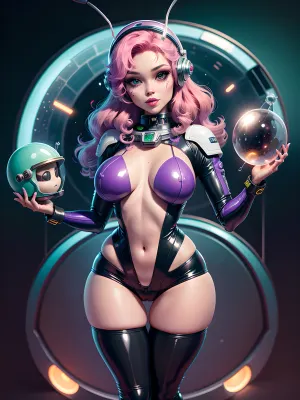 A IA está na cabine da nave espacial com uma bela mulher alienígena que tem um planeta vermelho em seu portão. Ela está usando um traje espacial látex e tem cabelo longo, cores neon revelando sexy, olhos roxos escuros, cabelo rosa, olhos bonitos,