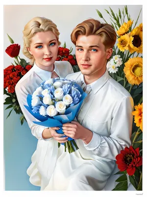 ussr_poster, A 1 Guy, (student), gives flowers to a young 18 years old 1 young adult girl, White background, ussr Epoch, tulips, pin-up style very realistic, blonde, blue eyes, by the eighth of March, Postcard, 4k, high quality, white_dress, bouquet, <lora:TS_Bouquet_V14:.5>, <lora:soviet-poster:.5>, big soviet city, USSR, Eighth of March, <lora:USSR_posterV2:.5>, ussr