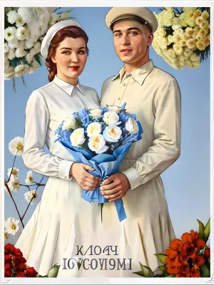 ussr_poster, A 1 Guy, (student), gives flowers to a young 18 years old 1 young adult young adult girl, White background, ussr Epoch, tulips, pin-up style very realistic, blonde, blue eyes, by the eighth of March, Postcard, 4k, high quality, white_dress, bouquet, <lora:TS_Bouquet_V14:.5>, Slavic appearance, <lora:soviet-poster:.5>, big soviet city, USSR, Eighth of March, <lora:USSR_posterV2:.5>, ussr