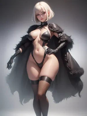 ((one girl:1.5)), 19 years old, highly detailed color photography, perfect lighting, ultra-realistic, ((8k resolution)), sexy image, (highly detailed eyes), (blue big eyes), smile, beautiful body, (highly detailed body), (), (skinny), ((model)), beautiful breasts, rounded breasts, large breasts, beautiful nipples, face with high detail, ((freckles on the face)), shadows, clear focus, ((high resolution 8k, insanely detailed)), highest quality, platinum-white blonde hair, Bob cut, beautiful ass, ((black fur coat)), black stockings on the legs, black stockings, (beautiful legs), ((realistic legs)), ((proportional body)), ((anatomical body))