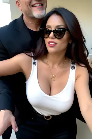 Kadın sıkı bir üst ve kısa giyiyordu, uzun saç geri döndü. O şimdi onun arkasında olan adamla yüz yüze döndü. Onun belini yakaladı ve ona yakın çekti, elleri her inç keşfeder