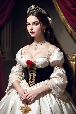मोती और हीरे के साथ एक ballgown में एक सुंदर महिला ने अपने बालों में पिन किया, एक सफेद organdy गेंद गाउन पहने हुए काले रेशम धागा कढ़ाई के साथ बोडिस के शीर्ष और ट्रेन के किनारे के साथ। वह खड़ा है