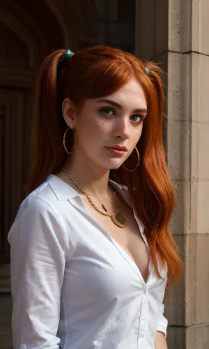 Eine britische Frau mit Kupferhaar und grünen Augen, die einen Mikrorock und High Heels trägt, steht vor dem Big Ben Gebäude in London. Sie trägt eine Kette mit einem Foto ihres Freundes, und sie hält ein Glas