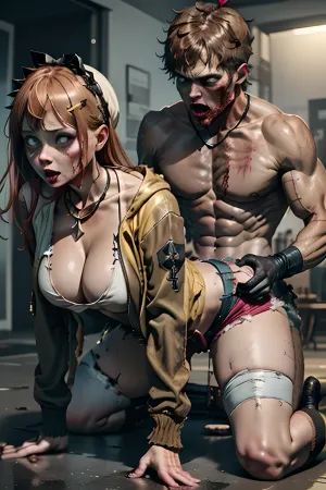 1woman, abs, muscles, zombiegirl, colored, skin, stitches, patchwork, body, <lora:Zombie_MG-DEF:.5>, 1man, male pov, group, <lora:丧尸群:.5>, zombie, dark, horrible, <lora:zombie:.5>, riza, brown, hair, single, glove, thighhighs, eyes, red, shorts, jewelry, belt, hat, white, headwear, necklace, yellow, jacket, ornament, short, shirt, star, (symbol\), hairclip, hairband, large, breasts, <lora:ryza-V2:.5>, <lora:fucsil1-000011:1>, <lora:fucsil1-000011:.5>, <lora:Doggyv0.2:.5>, corneo_side_doggy