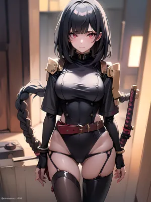 A samurai girl with a katana on her belt and a kasa hat on her head, standing in front of a large red eye. The image is highly detailed and realistic, with perfect lighting that highlights every curve of her body. Her black