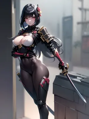 ((one girl)), (solo), 26-year-old girl, (samurai girl), samurai armor, (katana on the belt), Kasa hat on the head, Japanese national headdress, highly detailed color photography, perfect lighting, ultra-detailed, ultra-realistic, ((8k resolution)), sexy image, (highly detailed eyes), (large red eyes), beautiful body, (body with high detail), ((skinny)), ((model)), beautiful breasts, rounded breasts, (large breasts), beautiful nipples, face with high detail, shadows, clear focus, ((8k high resolution, insanely detailed)), top quality, black dark hair, ((black hair)), ((bob cut)), clothes with gold elements, gold on clothes, black stockings on legs, black stockings, (beautiful legs), ((realistic legs)), ((proportional body)), ((anatomical body)), samurai, <lora:Samuraibot:.5>