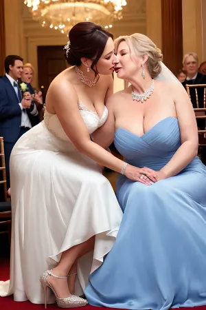 A noiva jovem vestindo um vestido de casamento branco estava beijando a mãe madura da noiva vestindo azul, baixo clivagem, na recepção do casamento. Seus altos, olhos bem detalhados mostraram que ela estava desfrutando cada momento dele. Seus altos, lindamente detalhados