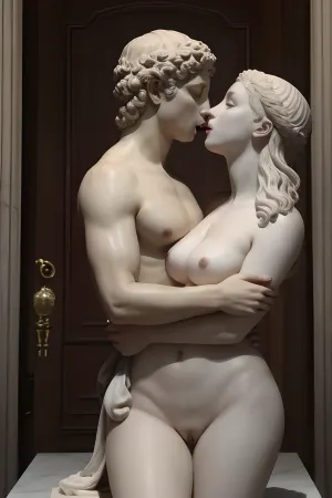 In a dark and ancient Greek temple, a young woman licks the statue of an ancient Greek god, caressing its nude body with her tongue as if worshipping it. Her actions become increasingly bold and explicit as she continues to explore the statue's