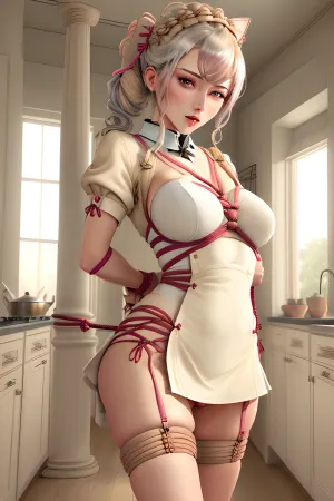 The heroine, a 20-year-old woman with a master's degree in AI, was assigned to work as a maid for the first time. She had never seen such an exquisite piece of artwork before. As she walked into the kitchen,