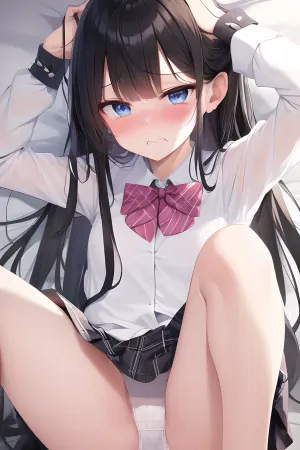 (((embarassed))), flushed, cute tall girl, skinny legs, arm rest, bangs, black hair, black kneehigh stocking, ice blue eyes, pink bowtie, white shirt, collared shirt, disgust, frown, long sleeves, ashamed look, miniskirt, on bed, panties dripping wet at vagina hole, pillow, plaid skirt, shaded face, hair, soles, striped bowtie, teeth, upper teeth only, white panties, panties wet at middle, <lora:ups_v0.4:1>