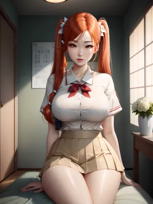 The cute tall Japanese girl with her beautiful face, seductive twin pigtails hair, and bright red lipstick was sitting on her bed with a huge pornographic picture of a tall Japanese girl in her school uniform. She was so focused on the