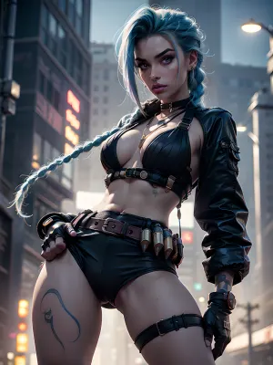 (((masterpiece))), realistic facial features, best quality, (((ultra-detailed))), ((perfect body and face)), cute tall tall tall tall tall tall face, finely detail, panties translucent, topless, skinny waist and thick hips, breasts, laying, on back, spreading legs, pussy, (detailed pussy), beautiful pussy, perfect pussy, beautiful, symmetrical face with high cheekbones, well-defined jawline, piercing ears, piercing eyebrows，piercing nipples, lips that are plump and luscious, Intense gaze, detailed face, perfect illumination, beautiful eyes, ((colored hair)), (gradient colour hair), beautiful legs, skin pores, (cyberpunk), ((more plausible)), ((high detailed skin)), 8k uhd, dslr, high quality, detailed skin texture, (highly detailed hair), highly detailed body, (realistic), soft focus, ((insanely detailed)), (highest quality), (skin pores, skin imperfections), leash, high resolution photography on a canon camera, blue, pale, skin, long, side, skinny, muscular, cloud, tattoo, woman, lady, female, 1young adult young adult young adult girl, (league, of, legends\), <lora:Jinx means jinx:.5>, perfecteyes, <lora:lora_perfecteyes_v1_from_v1_160:.1>, bangs, jacket, crop, green, hair, <lora:lol_zeri-000014:.5>, jinx, 1girl, twin, braids, single, elbow, glove, s, bikini, top, only, necklace, belt, bullet, fingerless, gloves, <lora:jinx_default_lol-000021:.5>, MFBP1, <lora:model_full_body_v1:.5>