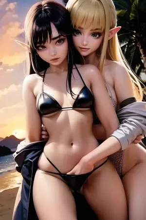 Duas meninas de 20 anos, um elfo e um humano, estavam na praia à procura de uma imagem de um elfo com uma mão em suas cuecas