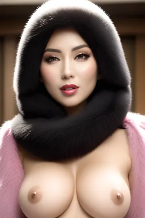 woman, Wearing fluffy fur hijab, Cum on face, cum on hijab, fur bra, fur panty, looking at camera, seductive emotions