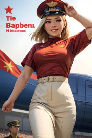 Женщина в военной форме с гордостью стоит со своими товарищами, одетая в красную футболку с советским знаком и с гордостью размахивая своим флагом