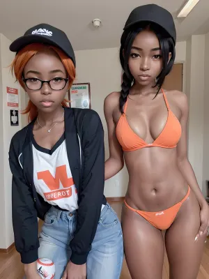 african woman, very dark skin, onoff portrait of beautiful skinny 20-year-old topless college emo lesbian wearing baseball hat, square transparent sunglasses, skinny, emo hair, sidecut, undercut, onoff, orange hair, breasts, b cup breasts size, flatchest, breast, <lora:BreastInClass-AsianFlatChest_v10:.3>, onoffunder, side-by-side photo, <lora:onoffunder1:.5>, perfect fingers, <lora:LolaChuil1:.5>, school, <lora:school_outdoors_v0.2:.5>