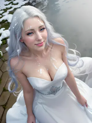 Beautiful princess in white bride dress putside in snow, snow background, Close up, beautiful fairy tale princesses on knees looking up at viewer, view from above, elegant fairty tale princess dresses, long flowing brunette hair, slim body, e body, fit body, perfect face, seductive. Not naked, sexy, sensual, erotic, perfect lighting, ultra realistic, 8k resolution, ultra-detailed, instagram model, professional photography, realcumAI, cum, on, cloth, <lora:cum_on_cloth:.5>, cohf, face, covered, in, semen, woman, <lora:cohf:.5>, silver hair, white hair, blue eyes, crown, tiara, eye contact, smiling, snow mountains, princess