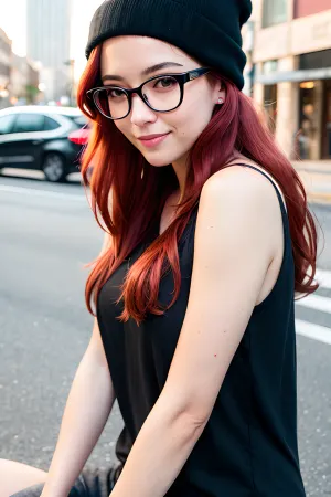 upper body shot of a beautiful 30yo hipster woman with long wavy red hair wearing black-rimmed glasses and black tank top and beanie kneeling on city street, side view, head turned to face camera, arms down at her sides, facing to side, golden hour light, wrinkles, smile lines, twilight, sunset, bare shoulders