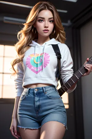 girl with soft wavy long hair, a gradient of glossy color, bright and lively big eyes, thick and curved eyelashes, and unique green eyes. Her skin presents a healthy natural luster with a amount of freckles. Her outfit reflects a strong sense of fashion and personality, with a patterned hoodie paired with slim fitting jeans, paired with a pair of bright colored sports shoes, and wearing earrings with a design sense, Holding a guitar in a lively posture，3D rendering style cartoon girl, exquisite facial features, more natural movements, cute tall tall cartoon girl, 、 doll, 3D, light background, beauty, c4d, ip, blender, 3D rendering, Fashion doll, girl in school uniform of the Republic of China, 3D rendering，