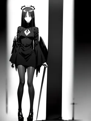 1 girl, (dark angel:1.5), 18 years old goth girl, anorexia, very thin, very thin waist, best quality, ultra-detailed, masterpiece, finely detail, highres, 8k wallpaper, (in full height:1.8), (sad:1.5), black makeup, black lips, black lipstick, tattoos, gothic temple, (big black wings:1.5), (halo above the head:1.5), (in a black cassock:1.3), (She holds the scythe of death:1.3), (black-white:1.5), (monochrome:1.5), (grayscale:1.5), (sketch:1.5), (anime:1.5)