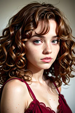 人工智能生成的文本中,有一位年轻女性的卷发和脸部特写. 她化了个红发妆,桌子上有张自己的照片