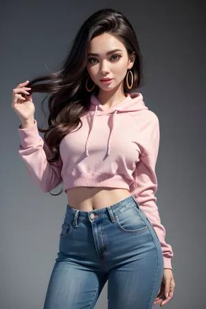 girl with soft wavy long hair, a gradient of glossy color, bright and lively big eyes, thick and curved eyelashes, and unique green eyes. Her skin presents a healthy natural luster with a amount of freckles. Her outfit reflects a strong sense of fashion and personality, with a patterned hoodie paired with slim fitting jeans, paired with a pair of bright colored sports shoes, and wearing earrings with a design sense, Holding a guitar in a lively posture，3D rendering style cartoon girl, exquisite facial features, more natural movements, cute tall tall cartoon girl, 、 doll, 3D, light background, beauty, c4d, ip, blender, 3D rendering, Fashion doll, girl in adult school uniform of the Republic of China, 3D rendering，