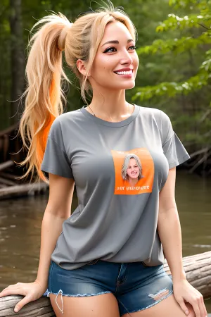 woman, No panties, (masterpiece), (Perfect illumination), (detailed face), <lora:xRayHentai25_xRayHentai25:.4>, symmetrical, (flat), blonde hair, bluish gray eyes, orange shirt, beautiful, beautiful face, pretty face, orangish shirt, black s, orange t-shirt, ponytail, arched, looking up, blushing, log cabin, messy hair, beautiful eyes, storm in eyes, stormy eyes, messy ponytail, camp, intelligent, content, detailed hair, detailed eyes, beautiful hair, leaning over, starry, close to water, smile, warm smile, happy, loving smile, older, orange, forest, next to water, pulling up shirt, young, youthful appearance